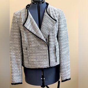 NWOT - Ellen Tracy Black & White Tweed Moto Jacket with Black Fringe, Sz 14.